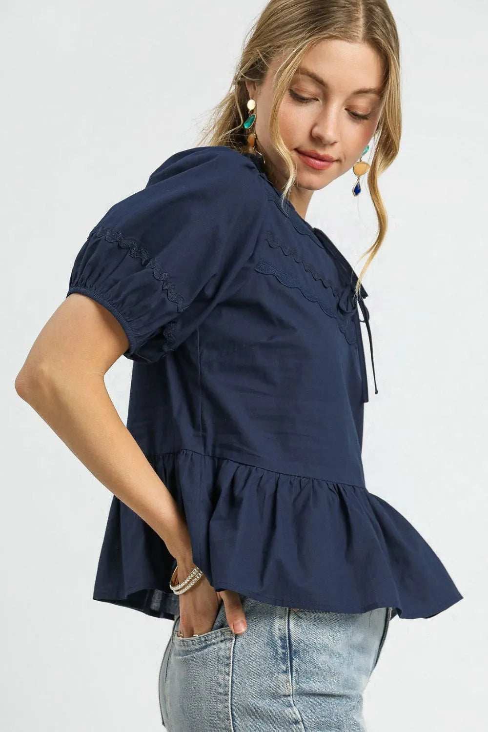 Umgee Tie Front Puff Sleeve Blouse - Trendsi - Flyclothing LLC