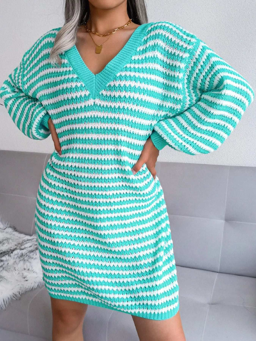 Striped V-Neck Long Sleeve Sweater Dress - Trendsi - Flyclothing LLC