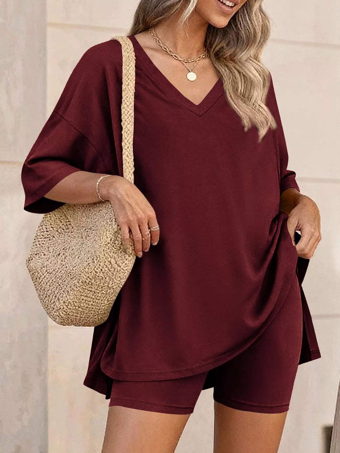 Full Size Casual Loose V-Neck T-Shirt & Shorts Set Plus Size - Trendsi - Flyclothing LLC