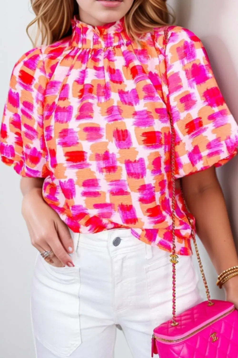 Abstract Print Button Back Ruffed Mock Neck Blouse - Trendsi - Flyclothing LLC