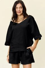 Double Take Texture Half Sleeve T-Shirt and Drawstring Shorts Set - Trendsi - Flyclothing LLC