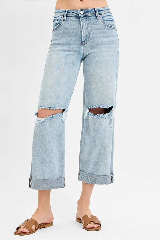 RISEN Full Size Mid Rise Fit Boyfriend Jeans with Cuff Plus Size - Trendsi - Flyclothing LLC