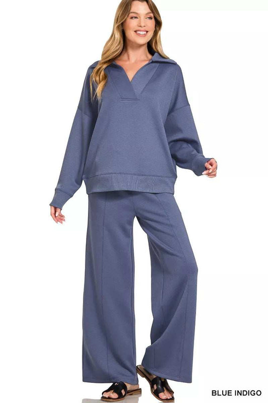 Zenana Scuba Collared Pullover and Pants Set - Trendsi - Flyclothing LLC