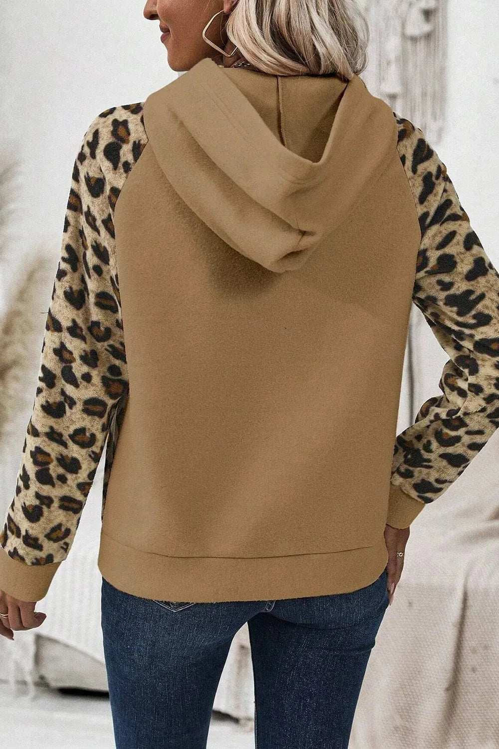 Leopard Half Button Long Sleeve Hoodie - Trendsi - Flyclothing LLC