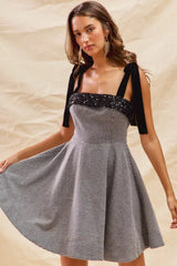 SO ME Houndstooth Fit Flare Mini Dress with Shoulder Tie - Trendsi - Flyclothing LLC