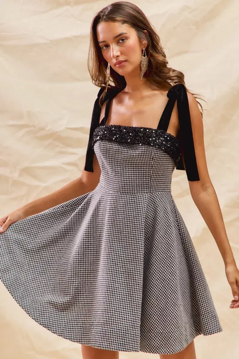 SO ME Houndstooth Fit Flare Mini Dress with Shoulder Tie - Trendsi - Flyclothing LLC