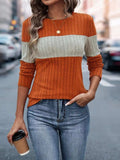 Color Block Round Neck Long Sleeve Top - Trendsi - Flyclothing LLC