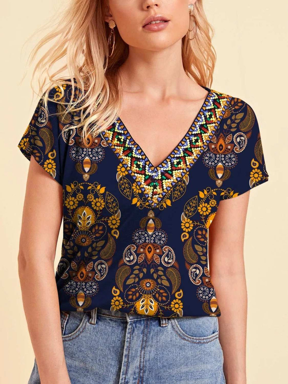 Printed V-Neck Short Sleeve T-Shirt - Trendsi - Flyclothing LLC