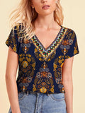 Printed V-Neck Short Sleeve T-Shirt - Trendsi - Flyclothing LLC