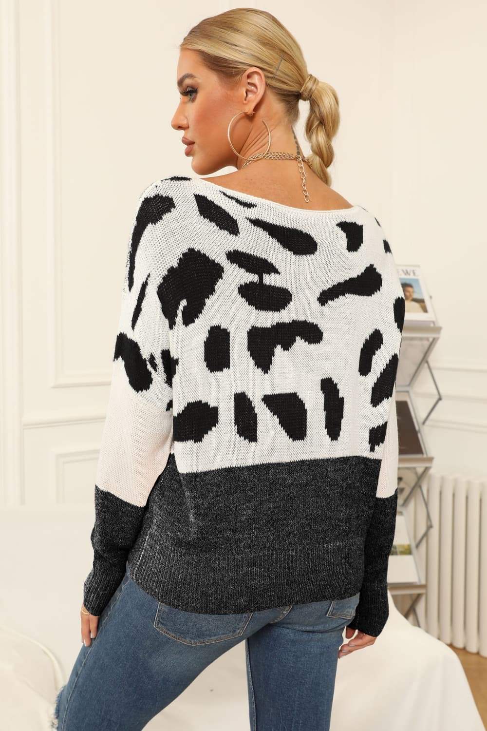 Full Size Two-Tone Boat Neck Sweater - Trendsi - Flyclothing LLC