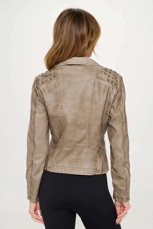 Coalition LA Studded Classic Moto Faux Leather Jacket - Trendsi - Flyclothing LLC