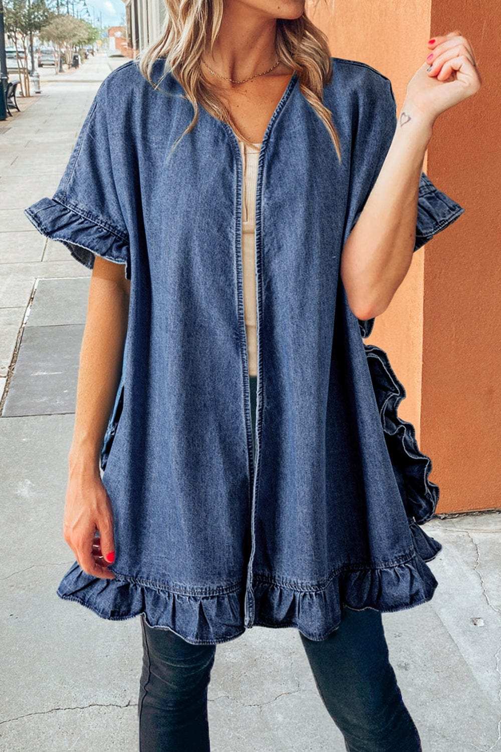Ruffled Open Front Denim Top - Trendsi - Flyclothing LLC