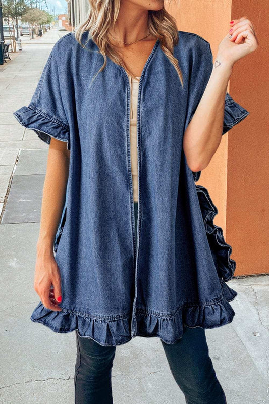 Ruffled Open Front Denim Top - Trendsi - Flyclothing LLC