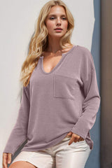 Double Take Striped Notched Long Sleeve T-Shirt - Trendsi - Flyclothing LLC