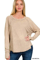 Zenana Crinkle Washed Thumb Hole Cuffs Long Sleeve Top - Trendsi - Flyclothing LLC