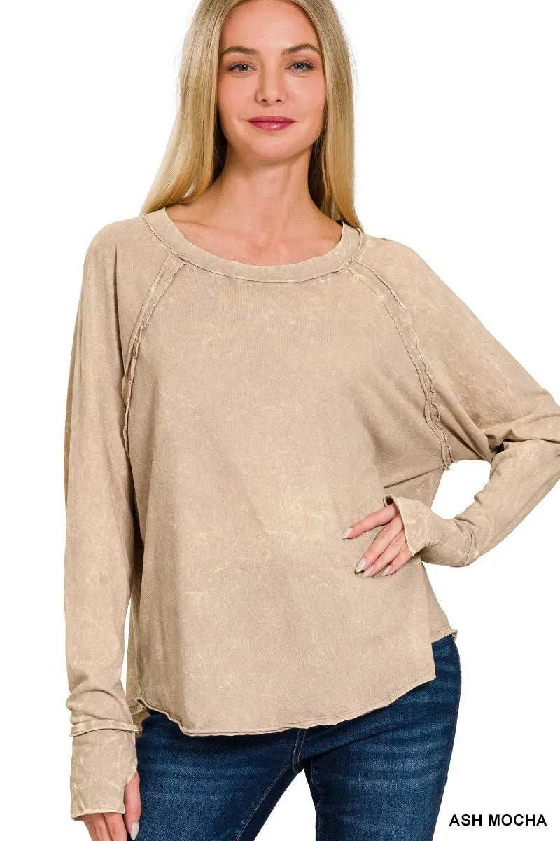 Zenana Crinkle Washed Thumb Hole Cuffs Long Sleeve Top - Trendsi - Flyclothing LLC