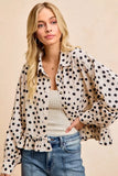 BiBi Crinkle Polka Dot Ruffled Hem Button Up Shirt Top - Trendsi - Flyclothing LLC