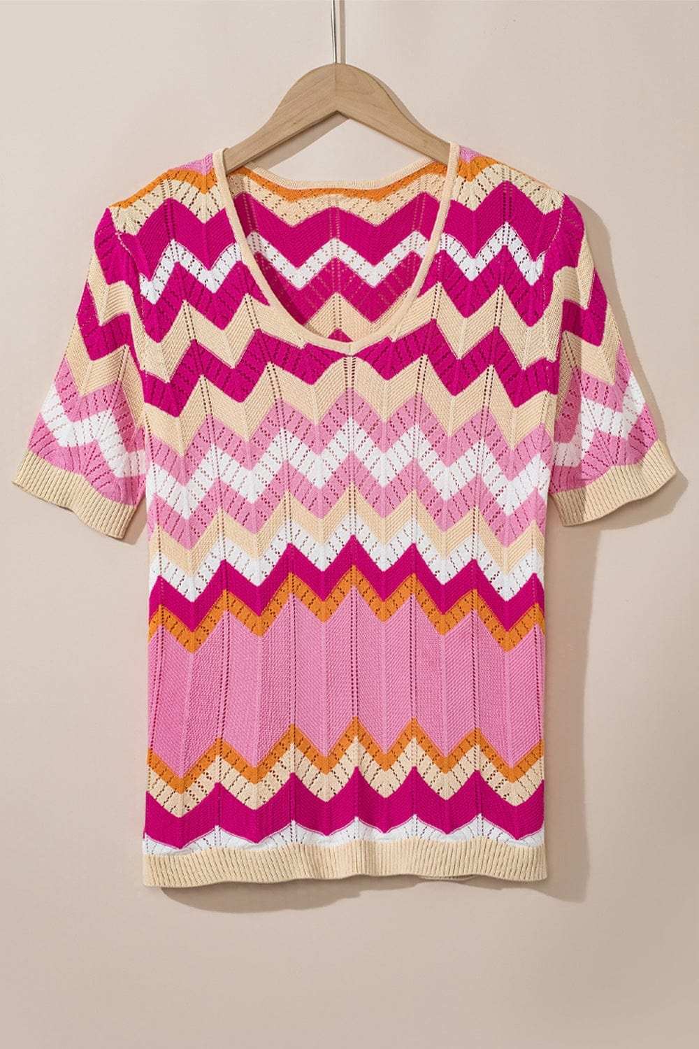 Stripe Chevron Openwork Round Neck Short Sleeve Knit Top - Trendsi - Flyclothing LLC