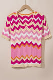 Stripe Chevron Openwork Round Neck Short Sleeve Knit Top - Trendsi