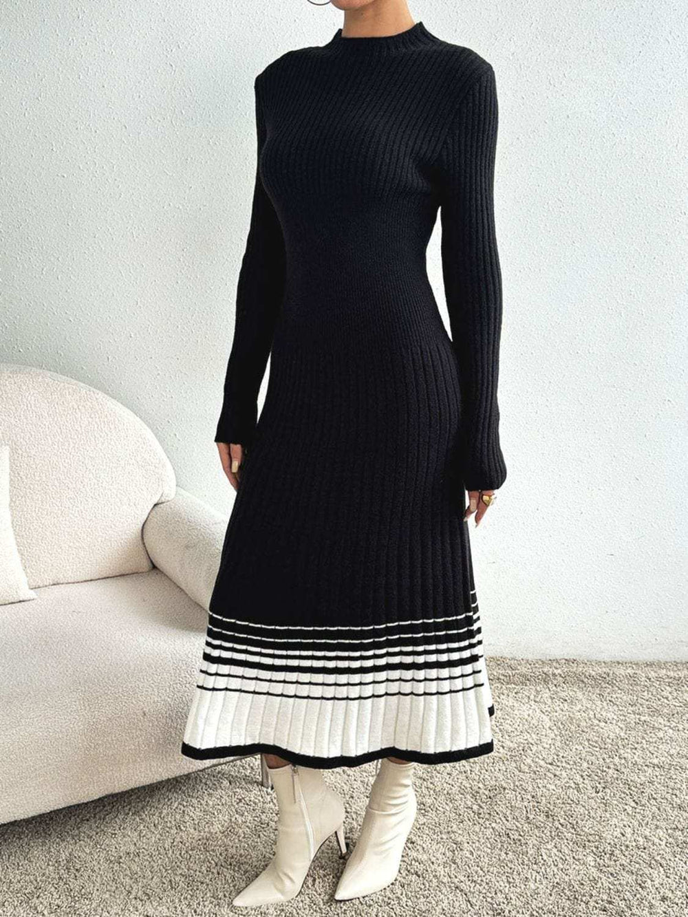 Contrast Mock Neck Long Sleeve Sweater Dress - Trendsi - Flyclothing LLC
