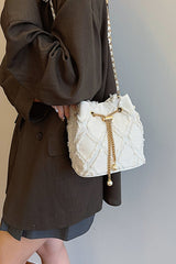 Chain Drawstring Raw Edge Denim Bucket Bag - Trendsi