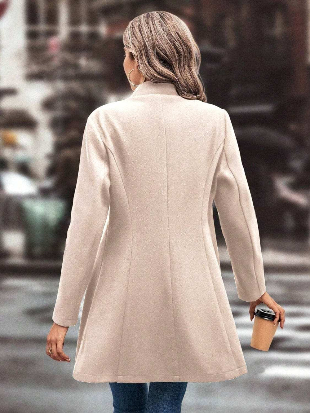 Collared Neck Long Sleeve Longline Coat - Trendsi - Flyclothing LLC