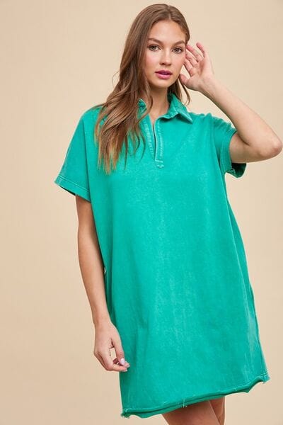 Annie Wear Mineral Washed Johnny Collar Short Sleeve Dress - Trendsi