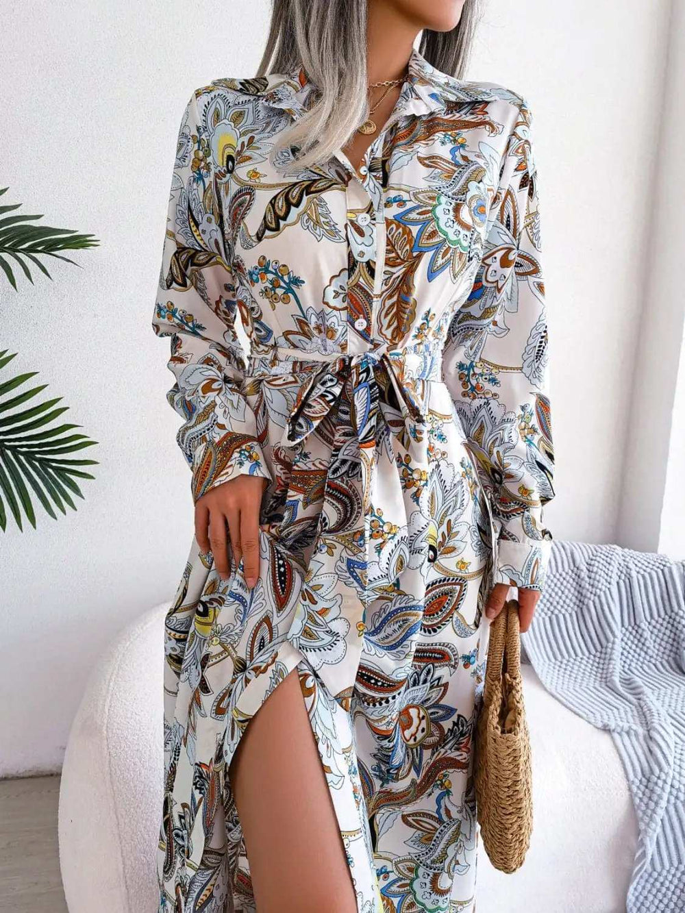 Tied Printed Long Sleeve Midi Dress - Trendsi - Flyclothing LLC