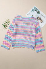 Openwork Side Slit Round Neck Striped Cover Up - Trendsi - Flyclothing LLC