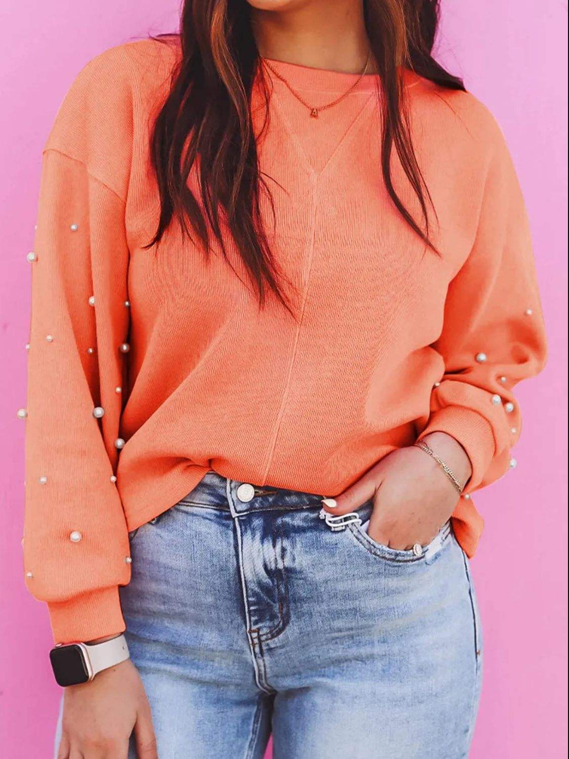 Pearl Detail Long Sleeve Sweatshirt - Trendsi - Flyclothing LLC