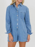 Button Front Long Sleeve Denim Romper - Trendsi