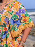 Plus Size Lace Detail Printed Tie Neck Half Sleeve Dress - Trendsi