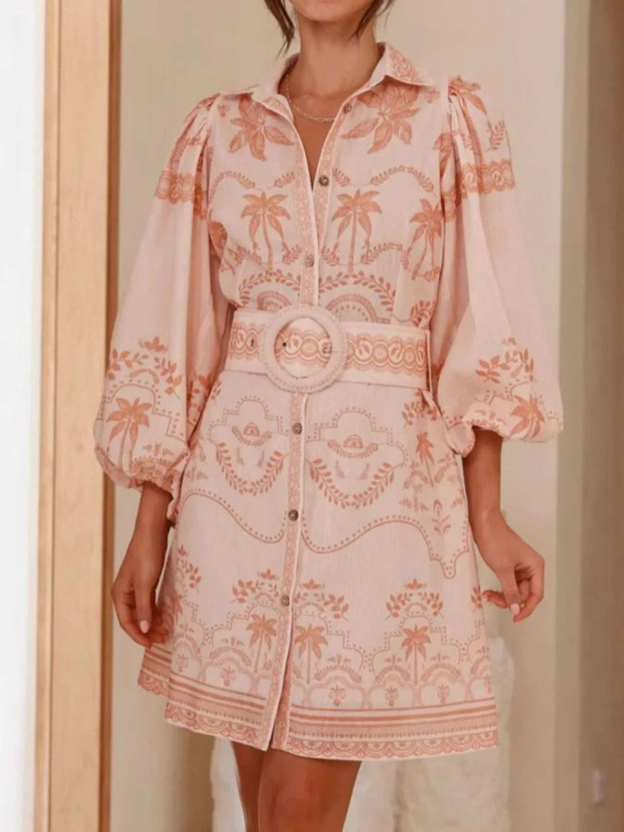 Printed Button Down Shirt Dress with Belt - Trendsi - Flyclothing LLC