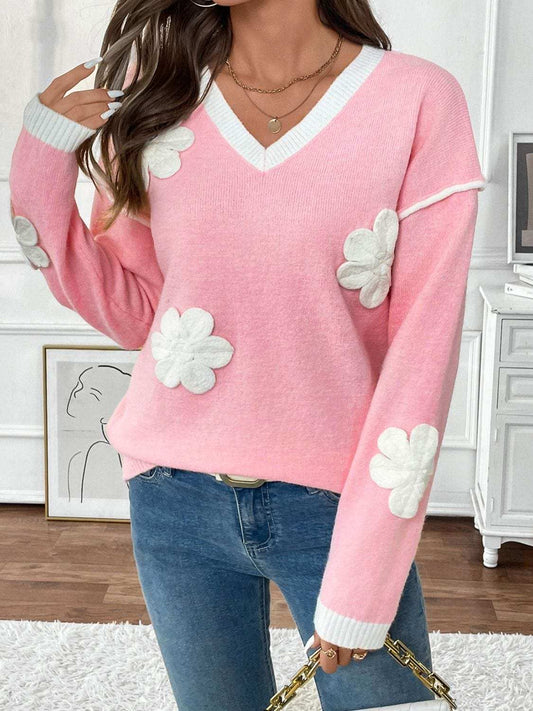 Perfee Flower V-Neck Long Sleeve Sweater - Trendsi - Flyclothing LLC