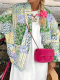 Printed Patchwork Open Front Cardigan with Pockets - Trendsi