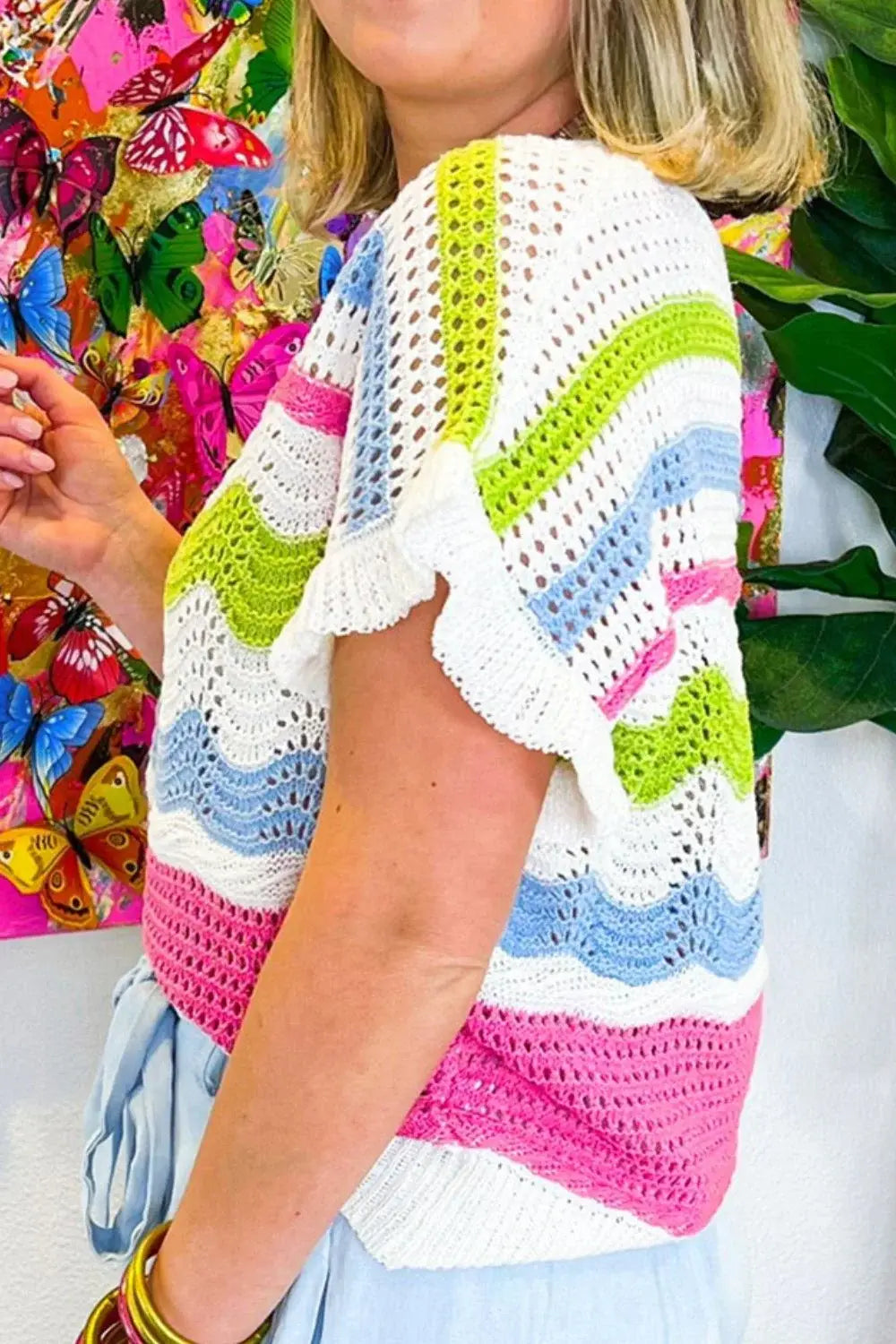 Color Block Crochet Ruffled Short Sleeve Knit Top - Trendsi - Flyclothing LLC