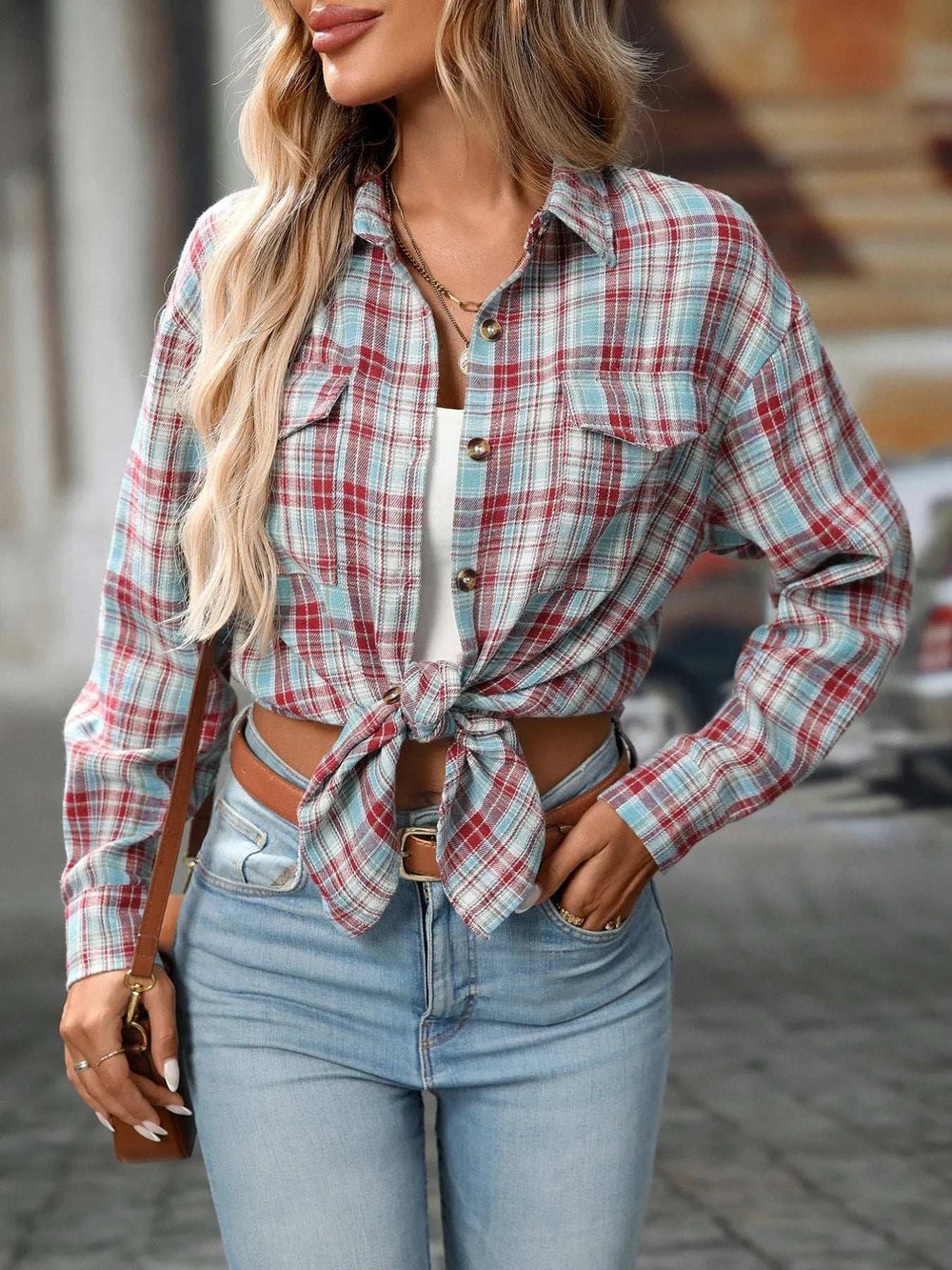 Plaid Button-Down Oversized Shirt - Trendsi - Flyclothing LLC