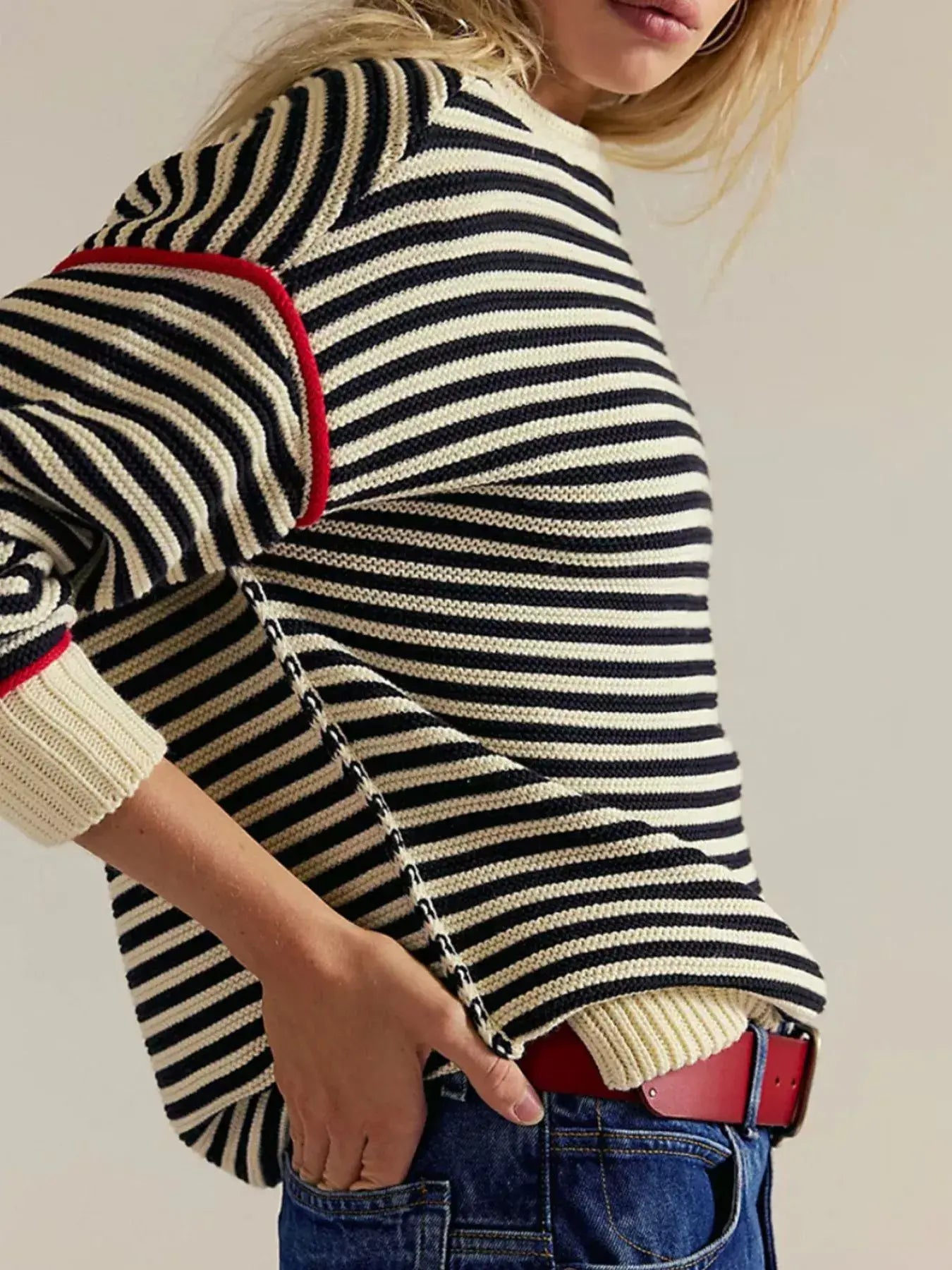Striped Knit Round Neck Sweater - Trendsi - Flyclothing LLC