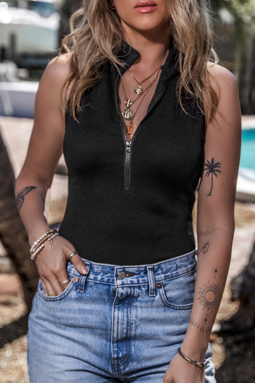 Zip Up Mock Neck Sleeveless Bodysuit - Flyclothing LLC