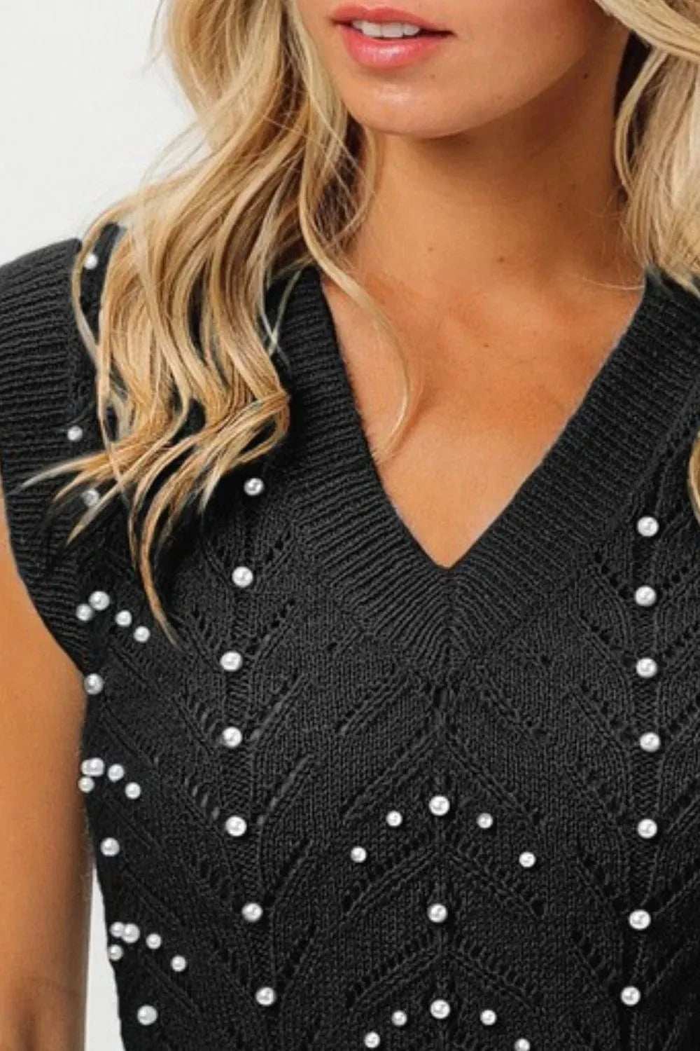BiBi Chevron Pointelle Pearl Knit Top - Trendsi - Flyclothing LLC