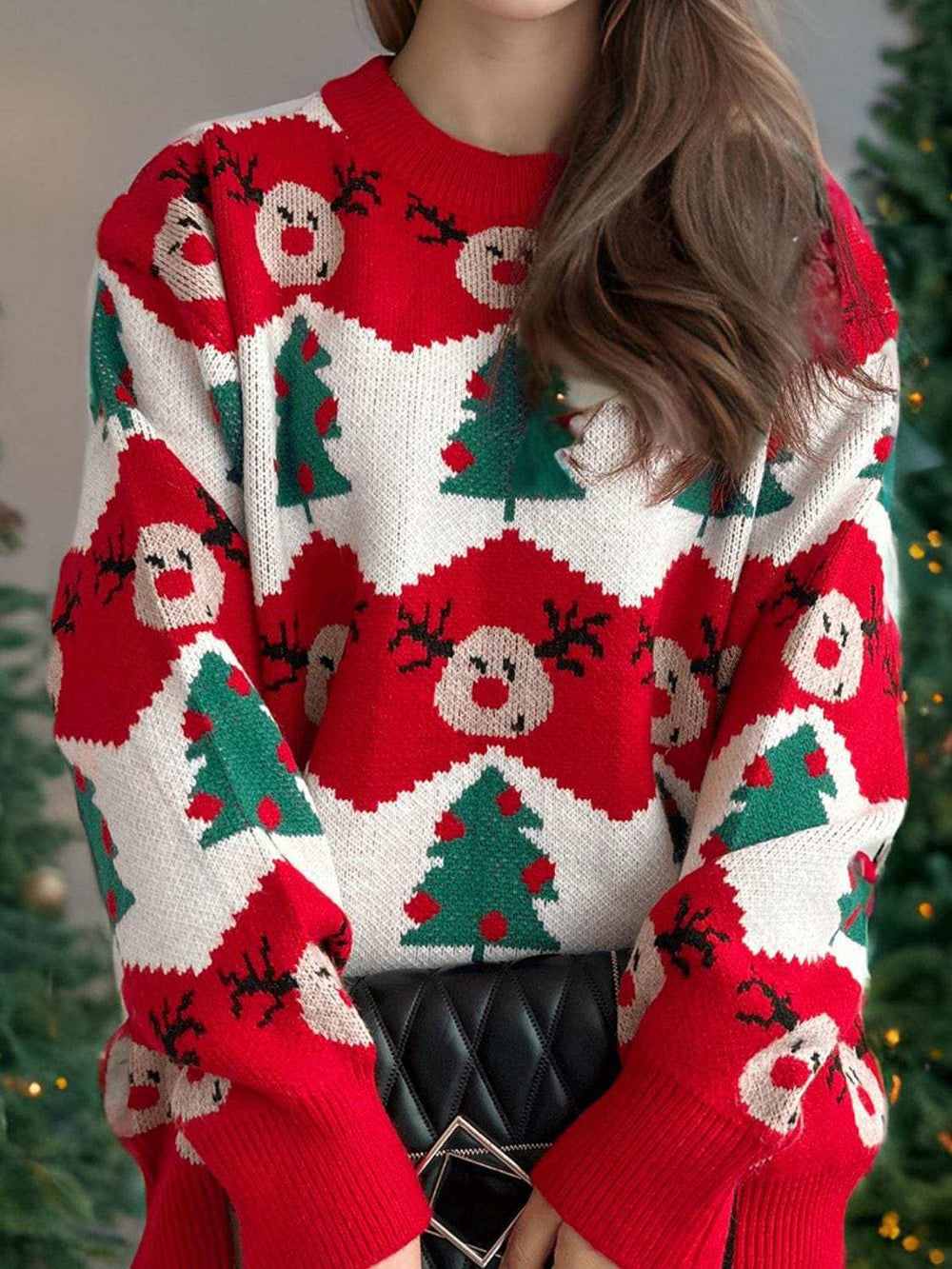 Christmas Element Round Neck Long Sleeve Sweater - Trendsi - Flyclothing LLC