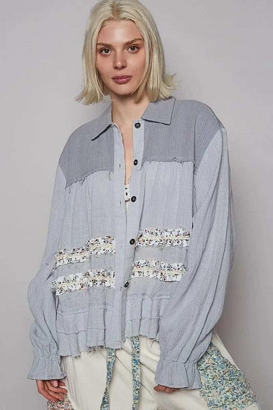 POL Button Down Floral Trim Ruffle Washed Shacket - Trendsi - Flyclothing LLC