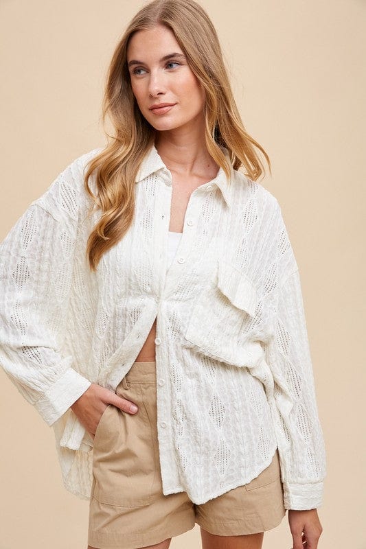 Annie Wear Openwork Button Down Drop Shoulder Shirt - Trendsi
