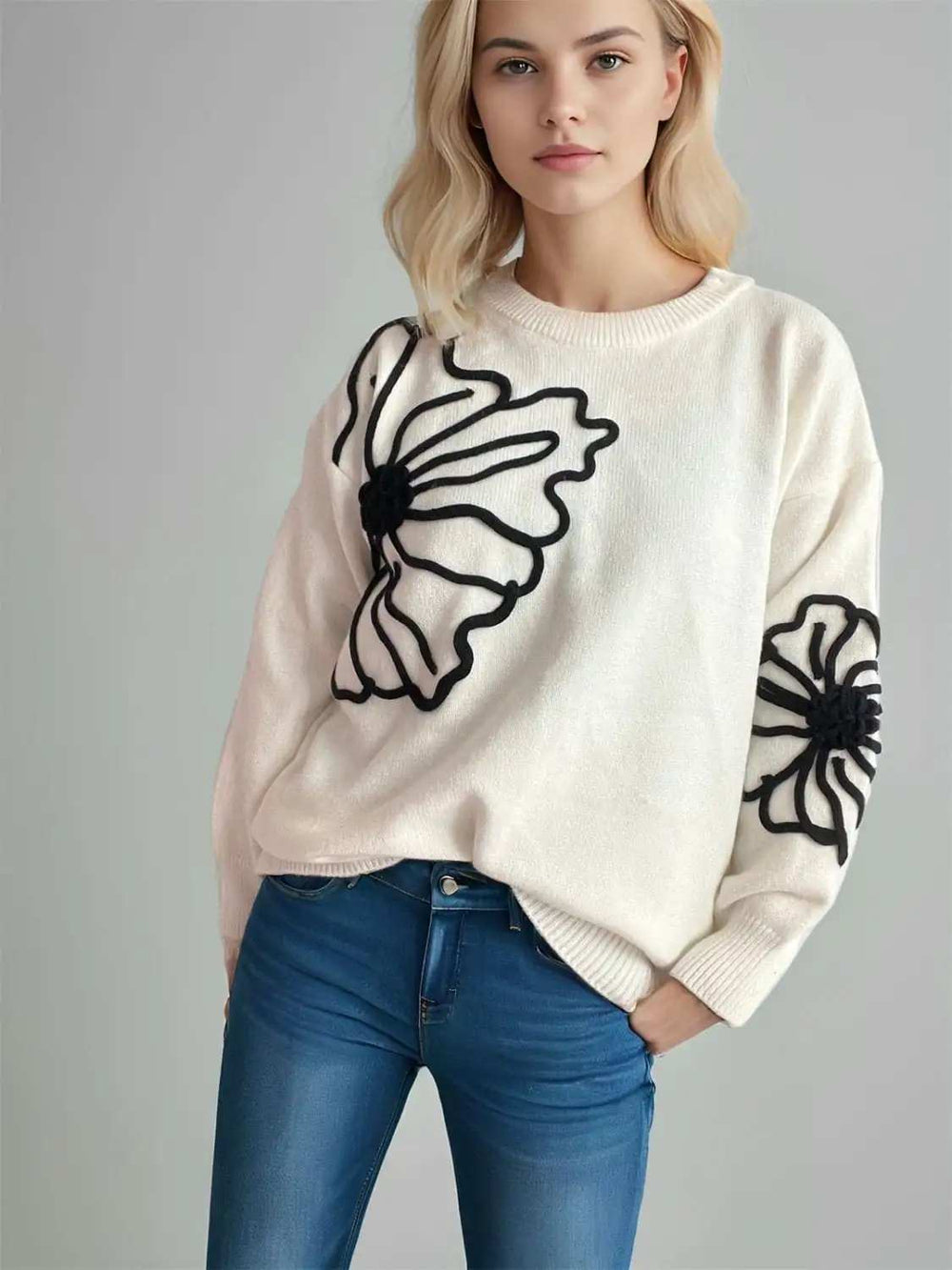 Flower Round Neck Long Sleeve Sweater - Trendsi - Flyclothing LLC
