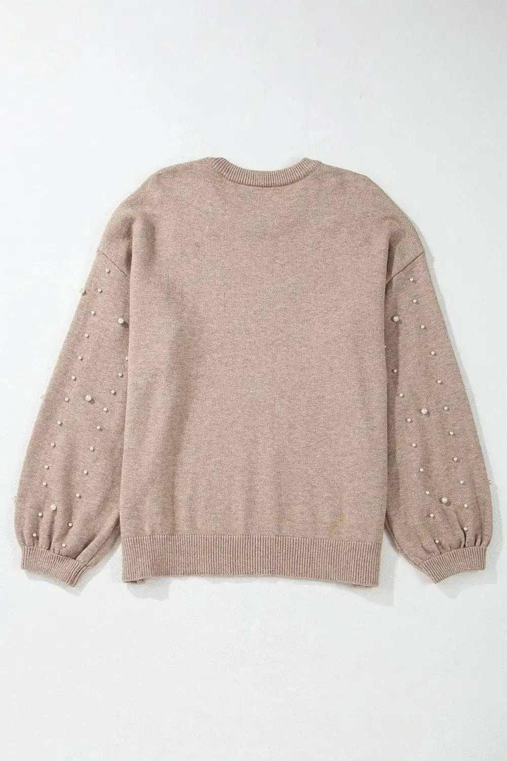 Plus Size Pearl Detail Round Neck Long Sleeve Sweater - Trendsi - Flyclothing LLC