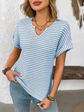 Striped Notched Short Sleeve T-Shirt - Trendsi - Flyclothing LLC