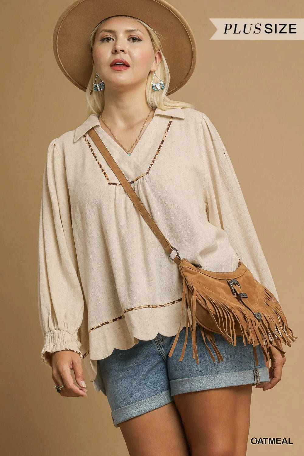 Umgee Full Size Linen Scallop Hem Blouse with Contrast Trim Plus Size - Trendsi - Flyclothing LLC
