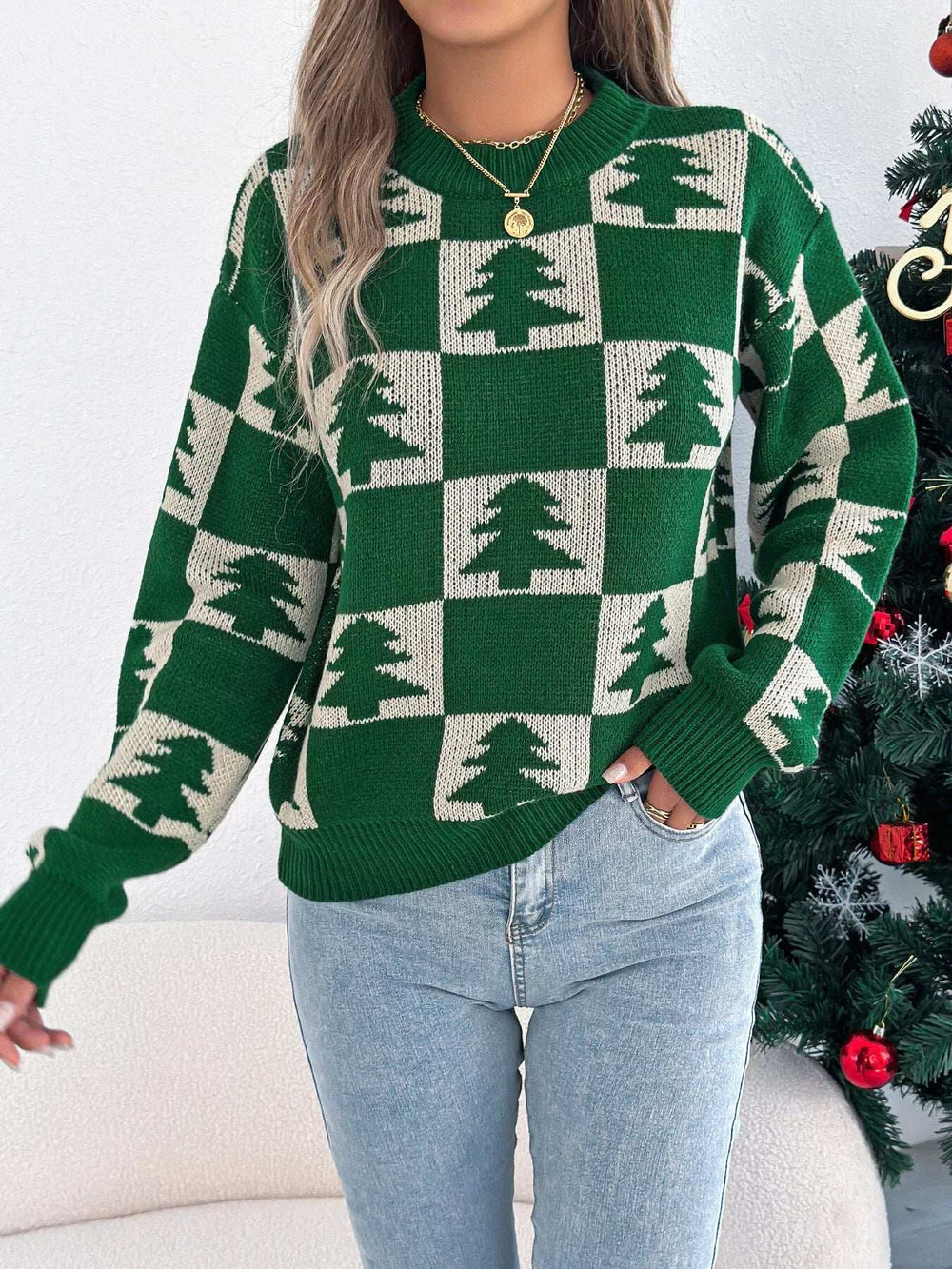 Christmas Tree Checkerboard Pattern Sweater - Trendsi - Flyclothing LLC