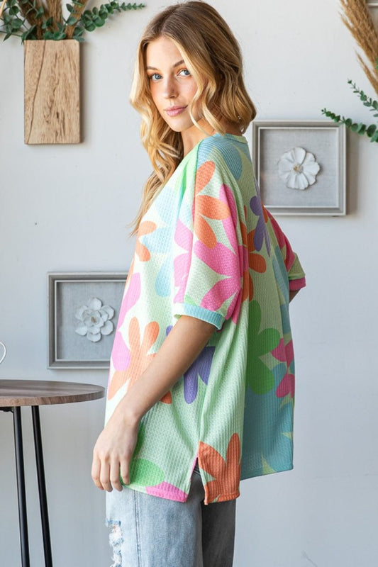 HOPELY Floral Round Neck Waffle T-Shirt - Trendsi