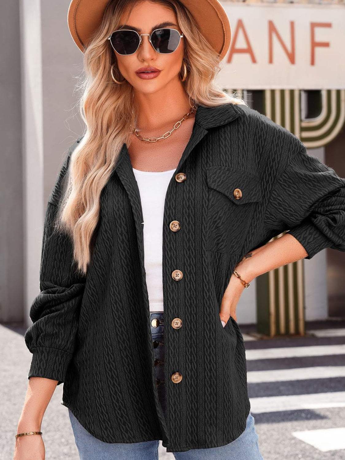 Textured Button Up Long Sleeve Shacket - Trendsi - Flyclothing LLC